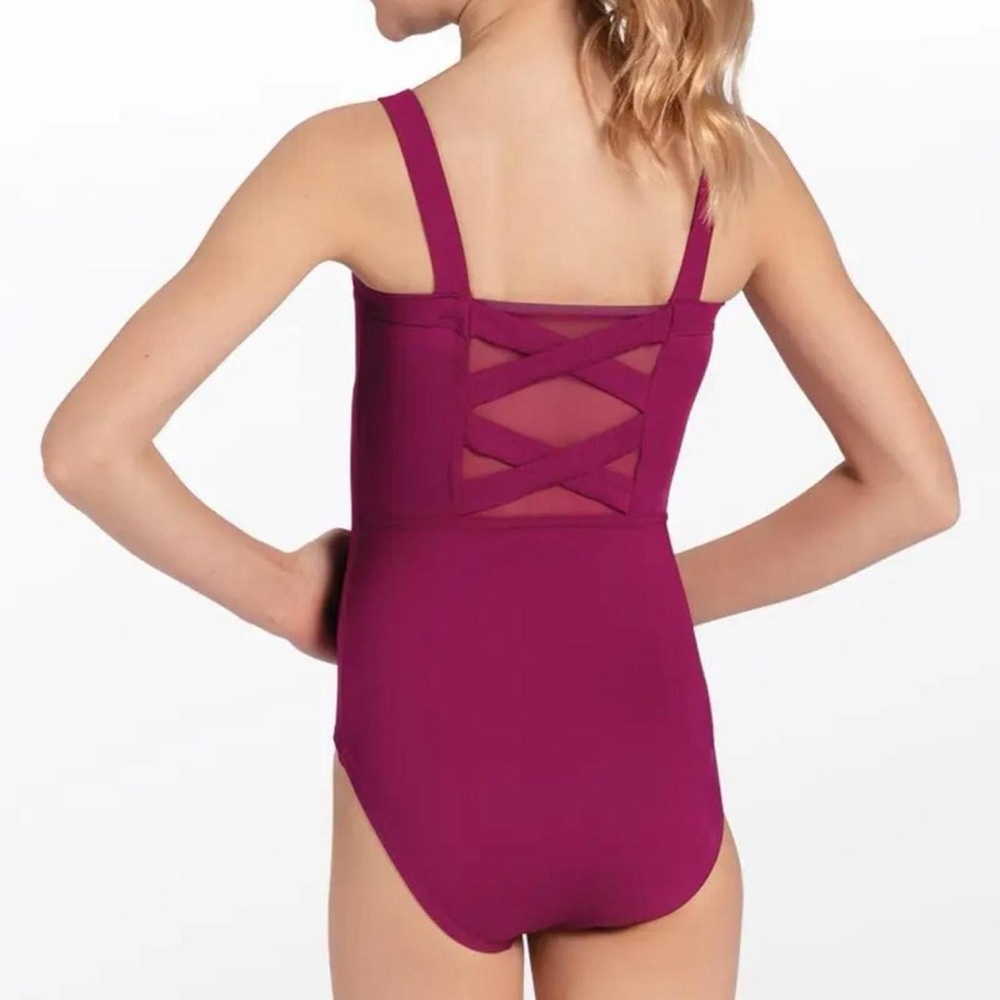 NWOT Balera MT12096 Berry Pink Mesh Crisscross Straps Dance Leotard, Size LA.